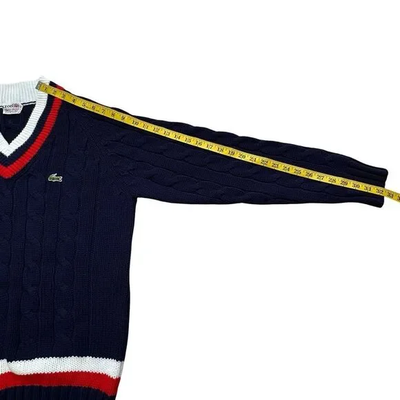 Vintage IZOD LACOSTE Cable Knit V-neck Sweater Blue with Red & White Size XL - Picture 10 of 12